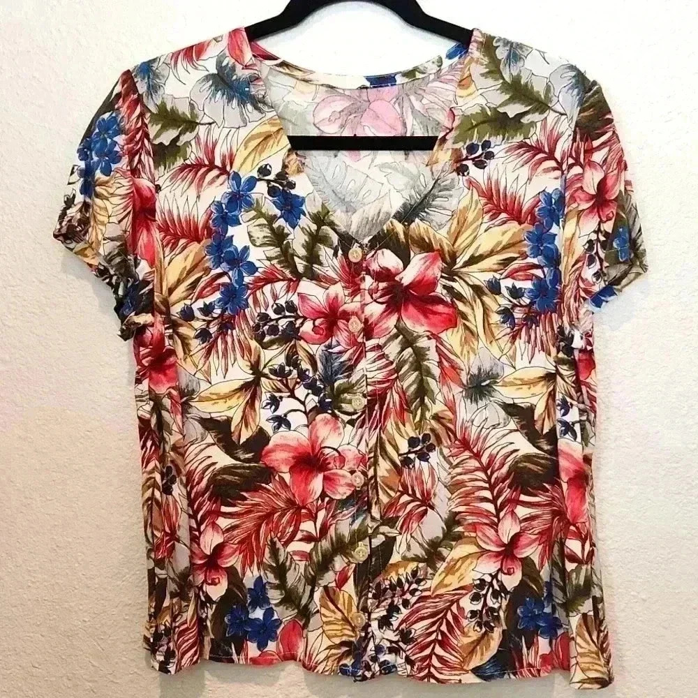 Hand-made Hawaiian Blouse V Neck Size M